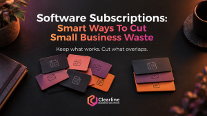Software subscriptions shown as overlapping and organised cards to illustrate cutting small business waste