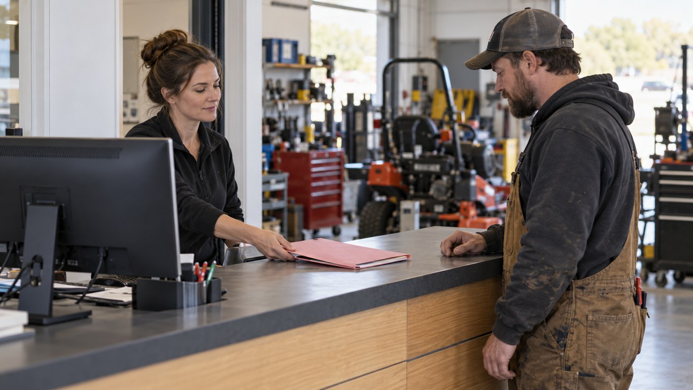 Service coordinator checking a customer handoff between software subscriptions and the workshop team